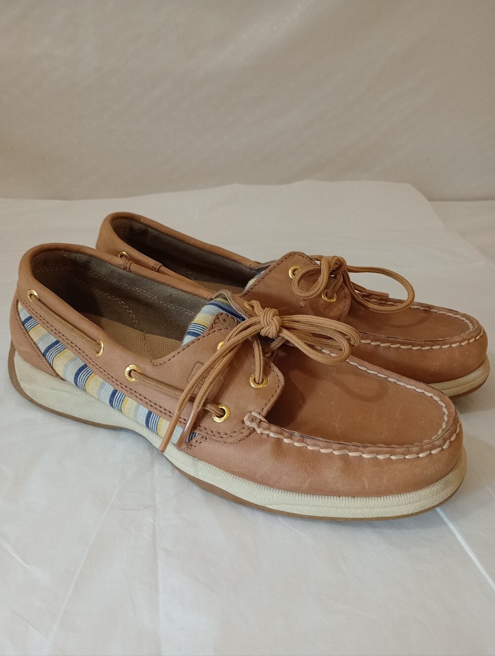 Sperry Women's Tan Leather Boat Shoes with Striped Accent